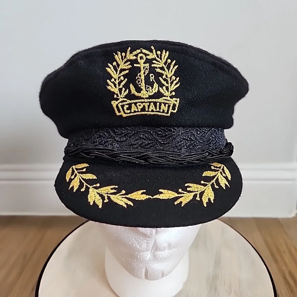 Vintage‎ RARE Aegean Greek Fishermans Captain Cap Black Wool Greece Costume Prop